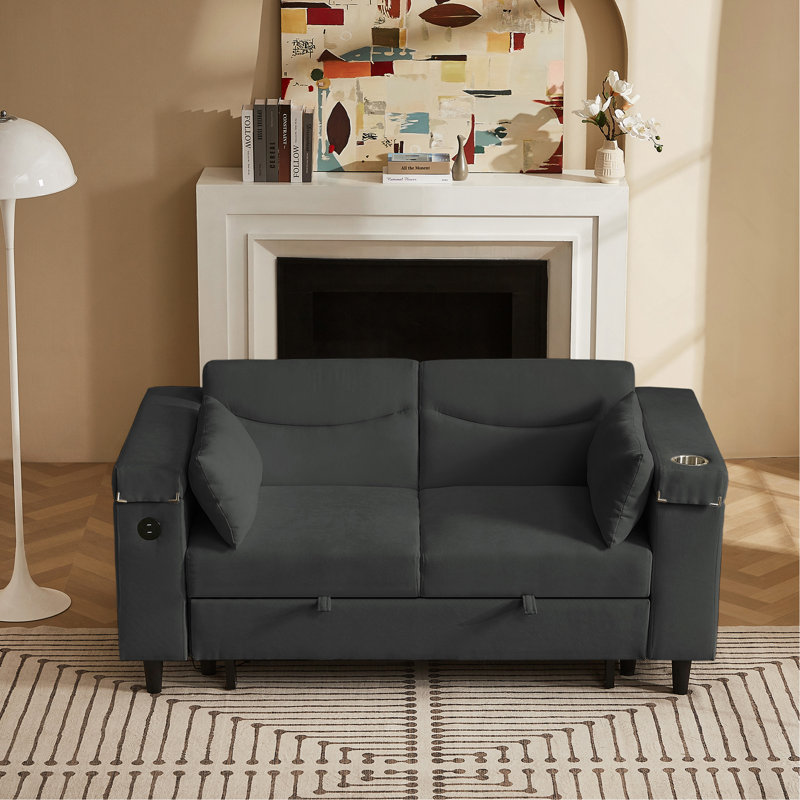 Canapé en chenille gris foncé avec table d'appoint et port USB, Gris foncé