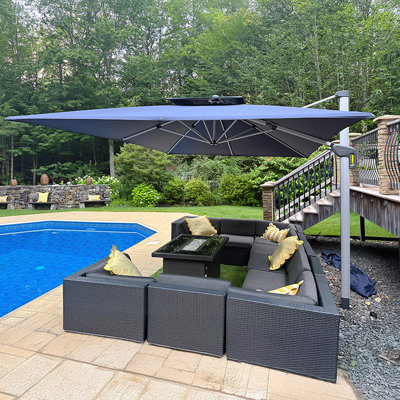 Senzer 144'' Square Cantilever Umbrella With Crank Lift Counter With Base In Ground,Navy