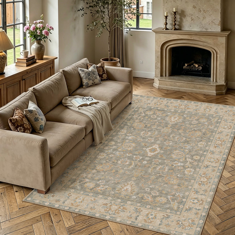 Tapis floral lavable à la machine avec envers antidérapant Veyra, Brun, Rectangle 9' x 12'