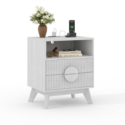 1/2 PCS Modern Nightstand, Fluted End Table with 2 Drawers & Open Shelf, Wooden Bedside Table, Sofa Side Table for Living Room Bedroom Sofa Couch by George Oliver