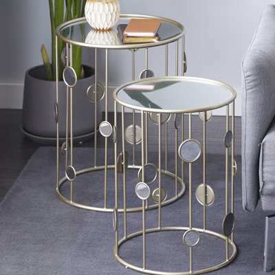 Eppler Metal Open Frame Side End Gold Accent Table with Mirrored Glass Top and Circular Accents Set