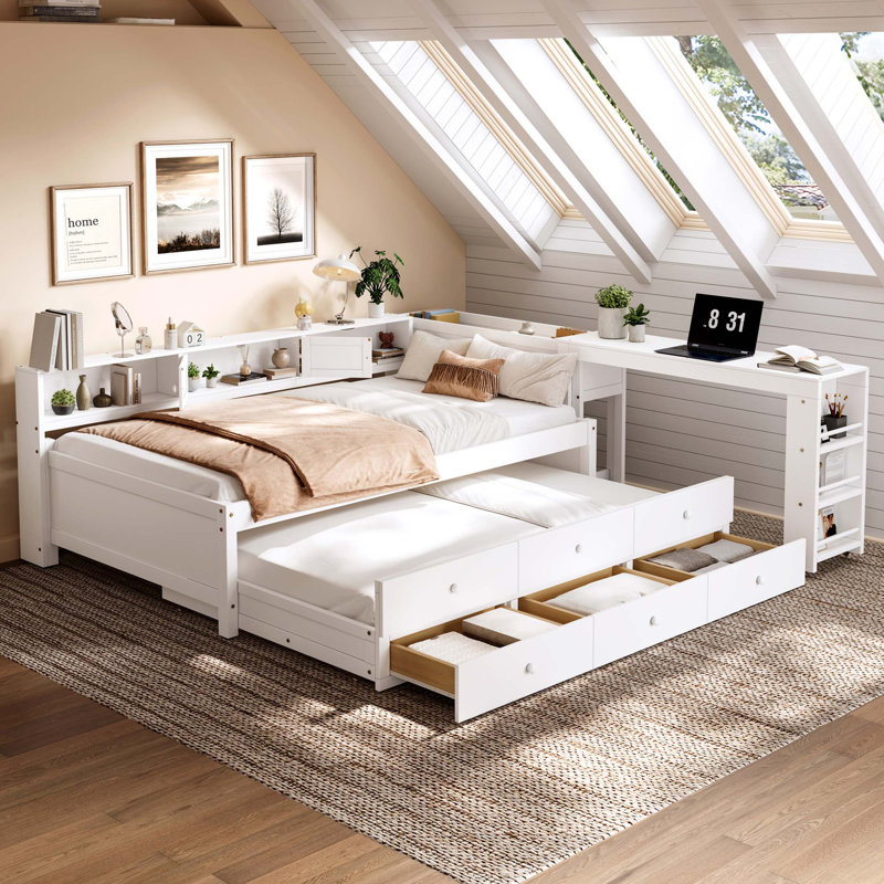 Lit de jour simple avec lit gigogne et bureau de rangement intégré, Blanc