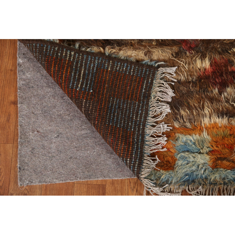 Tapis brun / orange en laine noué à la main de conception unique 6 pi 8 po x 9 pi 8 po New Age