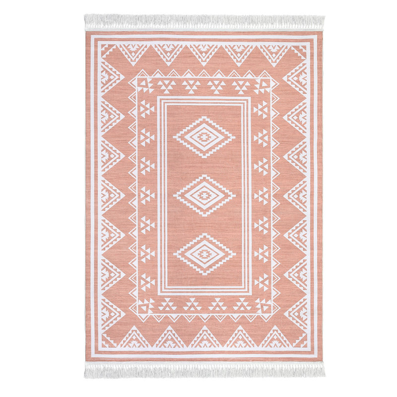 Tassel Area Rugs Washable Bordered Accent Carpet with Non-Slip Backing, Stain-Resistant Farmhouse Floor Cover, Soft Low Pile Indoor Mat for Bedroom, Living Room