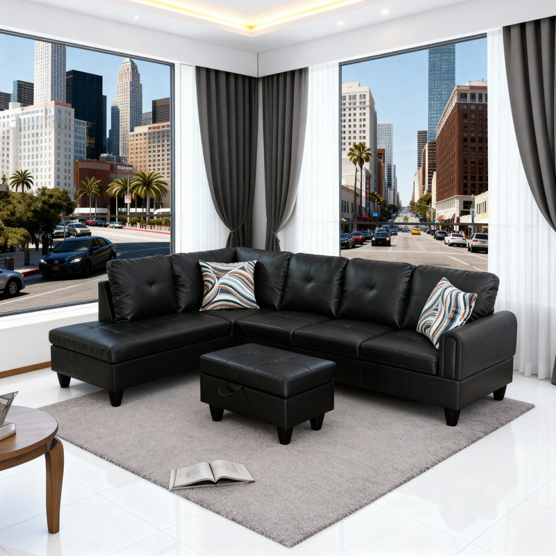 Faux 3-piece Leather Living Room Sofa Set, Left Hand Facing, Black Faux Leather
