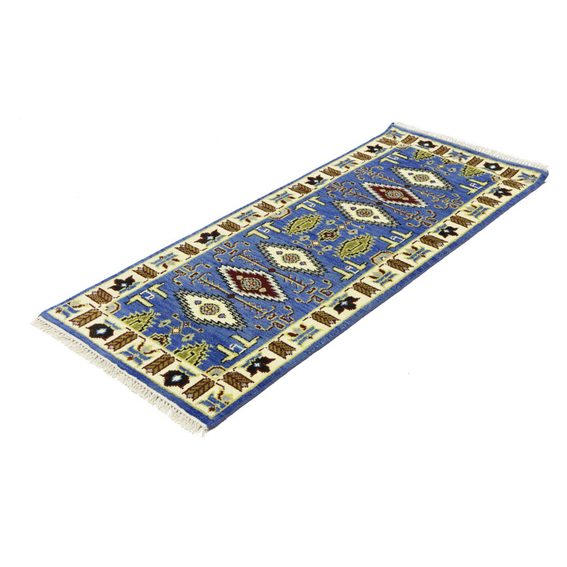 Karesha Geometric Handmade Rectangle  2'6 X 6'1 Wool Area Rug Blue