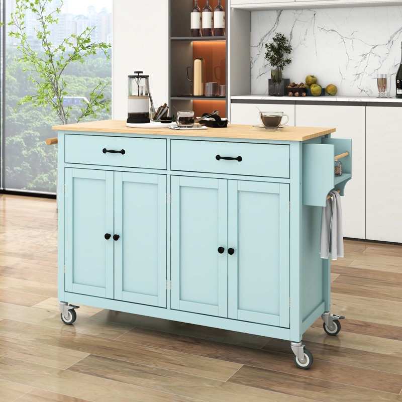 4 Door Cabinet Kitchen Island Cart With 2 Drawers, Solid Wood Surface, Adjustable Shelves, Spice & Towel Rack, Locking Wheels (Mint Top Cupboard, Built-In