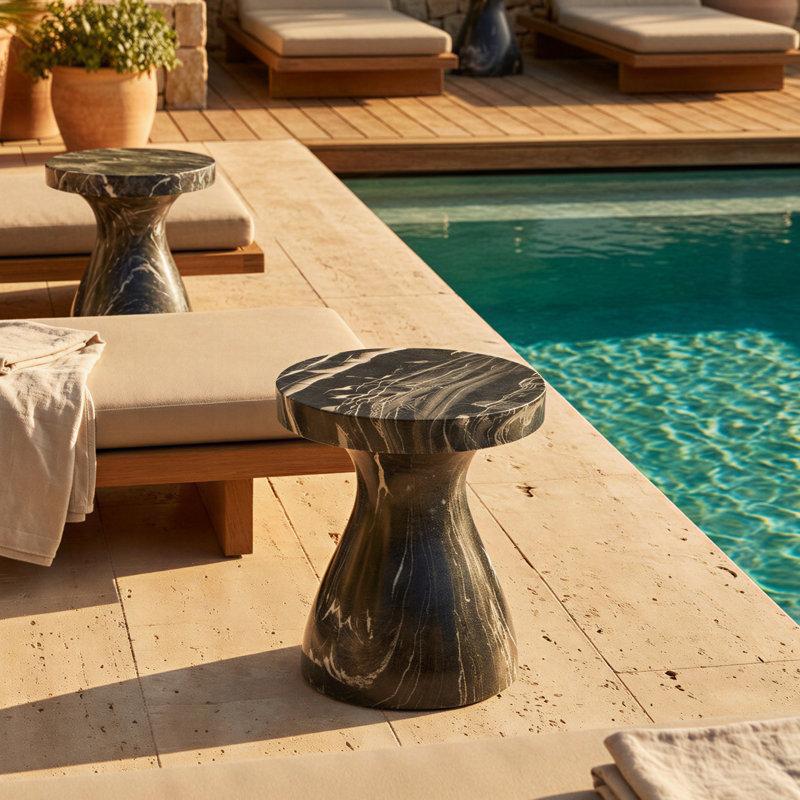 Monia Marble Black Effect Stool with Brockway Concrete Industrial End Table Indoor and Outdoor Stylish Durable Accent for Living Room