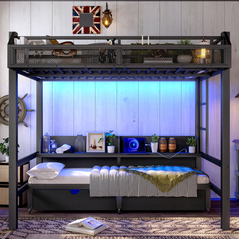 Black Twin Over Twin Metal Bunk Bed, Convertible Lower Bed To Sofa With Storage Shelves & Drawers, Multifunctional Bunkbed With Usb Charging Ports & Led Lights.
