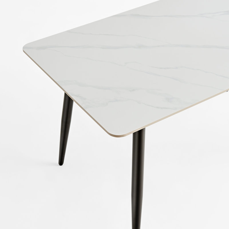 Large Rectangular 1.4M Dining Table, Metal Support, White Ceramic Surface, Heat And Scratch , Rounded Edge, Stylish Legs, Minimalist Design, Fast Setup Modern Base, Tabletop, Resistance, Black Gold