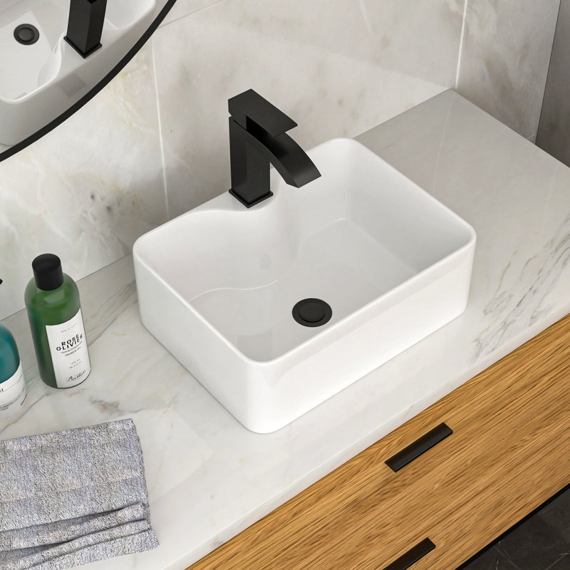 Lavabo de salle de bain vasque rectangulaire en céramique blanche 16 "x 12" avec robinet noir et drain noir