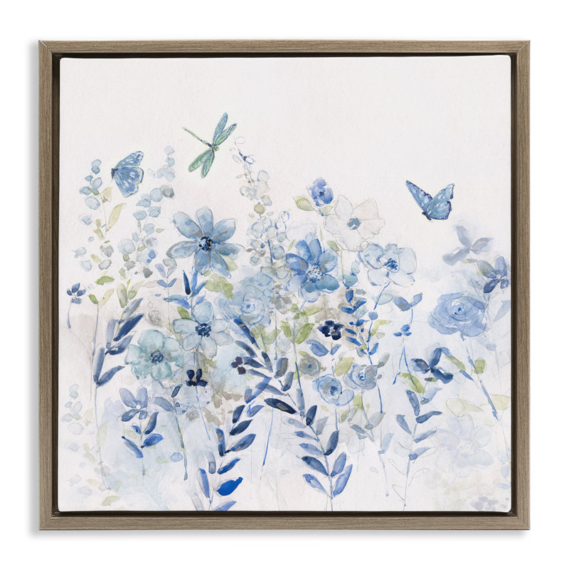 Délicat jardin floral bleu, H 18 po x l 18 po, Cadre flottant orme Montalcino