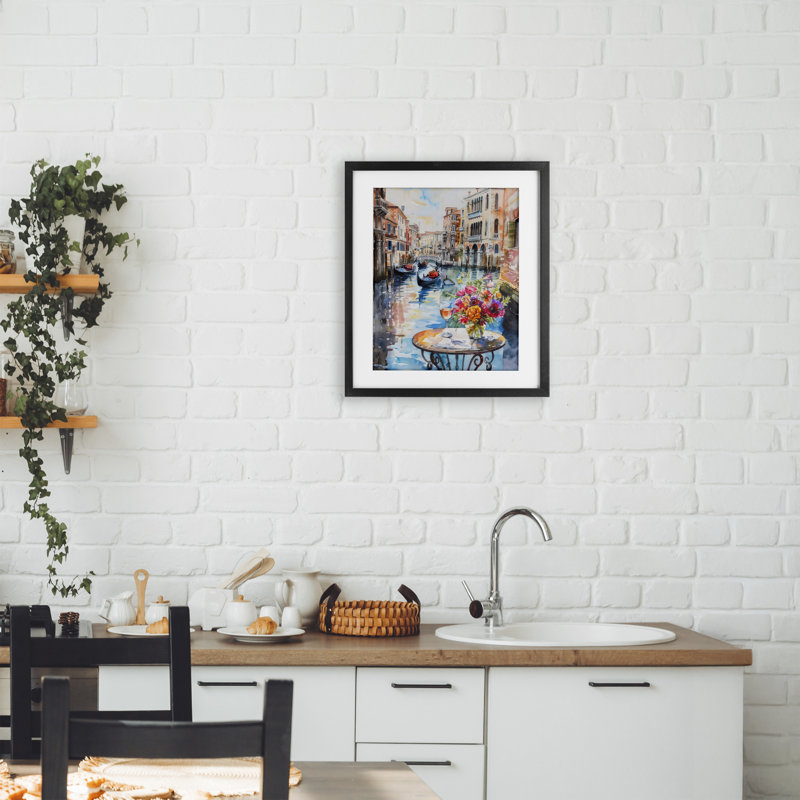 Quiet Canal City View Framed Print Under Glass, design by LSR Creative Studio, Midnight Black Frame, 16" H x 13" W