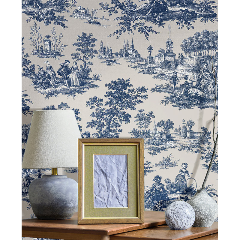 Cottage Chic Toile Design EcoDeco Material Wallpaper Roll, Blue