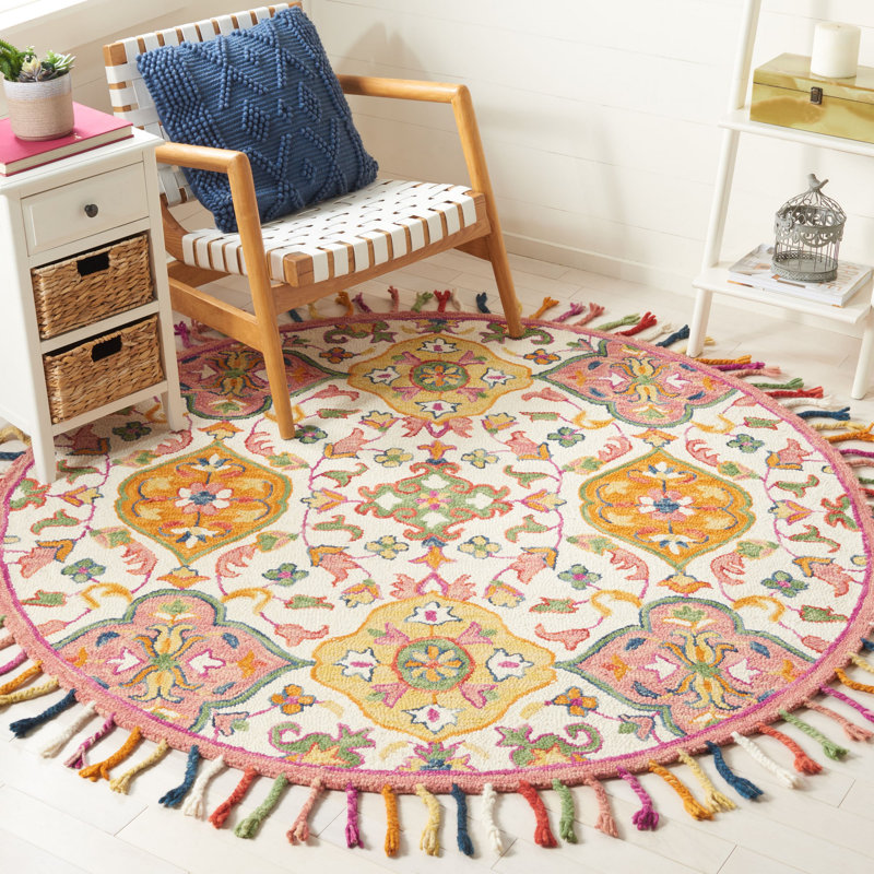 Jahiem Floral Handmade Tufted Wool Ivory Area Rug, Round 6'