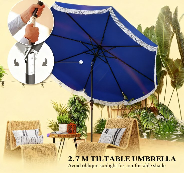 Parasol d'extérieur avec manivelle, parasol de patio, 8 baleines, inclinaison à bouton-poussoir, Bleu très foncé