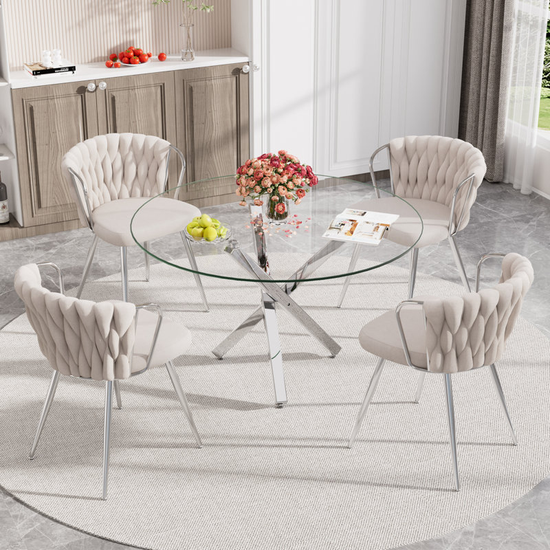 47in Glass Top Pedestal Dining Set, Beige, 7 Pieces: Table, 6 Chairs, Gold