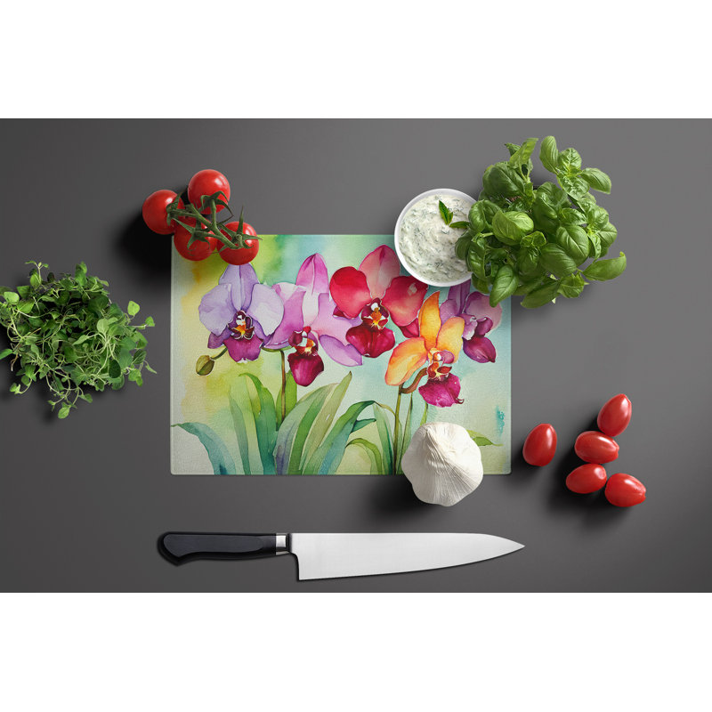 Orchids in Watercolor Glass Cutting Board Large