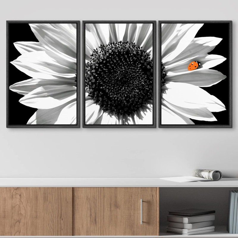 «Sunflower A Ladybug on a Sunflower», ensemble de 3 reproductions de photos sur toiles tendues, Cadre flottant noir