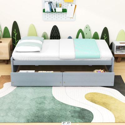 Twin Wood Bed with Smooth-Rolling Storage Drawers and Slats