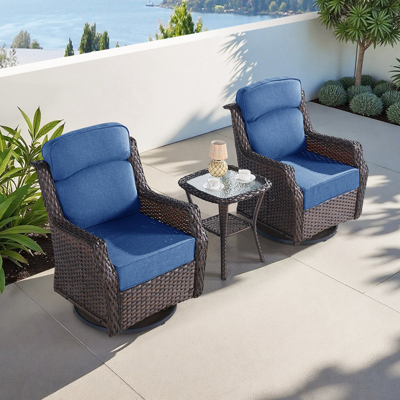 Luxury Patio Furniture Set with 6-inch Thick Cushion, Outdoor High Back Swivel Rocker Patio Chairs, 3PCS Wicker Conversation Set for Deck Yard and Poolside, Blue