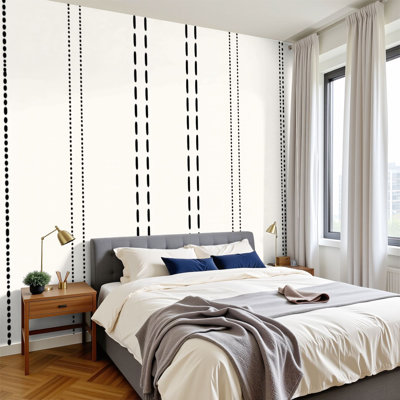 Chinoiserie Peel and Stick Wallpaper Minimalist Black Dotted Dashed Vertical Stripes White Wall Murals 100"H x 144"W Removable PVC Wall Paper Self-Adhesive Wall Paintings Art Decor for Bedroom Living Room