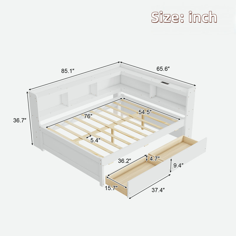 L-shaped Daybed With Bookcases, Power Outlets, Usb Charging Ports And 2 Drawers, Whtie