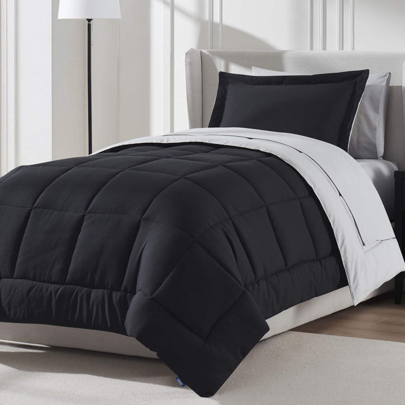 Bed-in-A-Bag Reversible Comforter Set with Bed Sheets & Down Alternative Pillows, Black