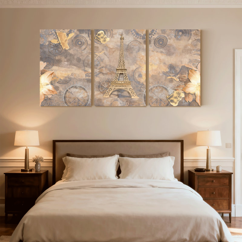 «Fashion Eiffel Tower Floral Clocks», ensemble de 3 impressions sur toile, H 24 po x l 48 po