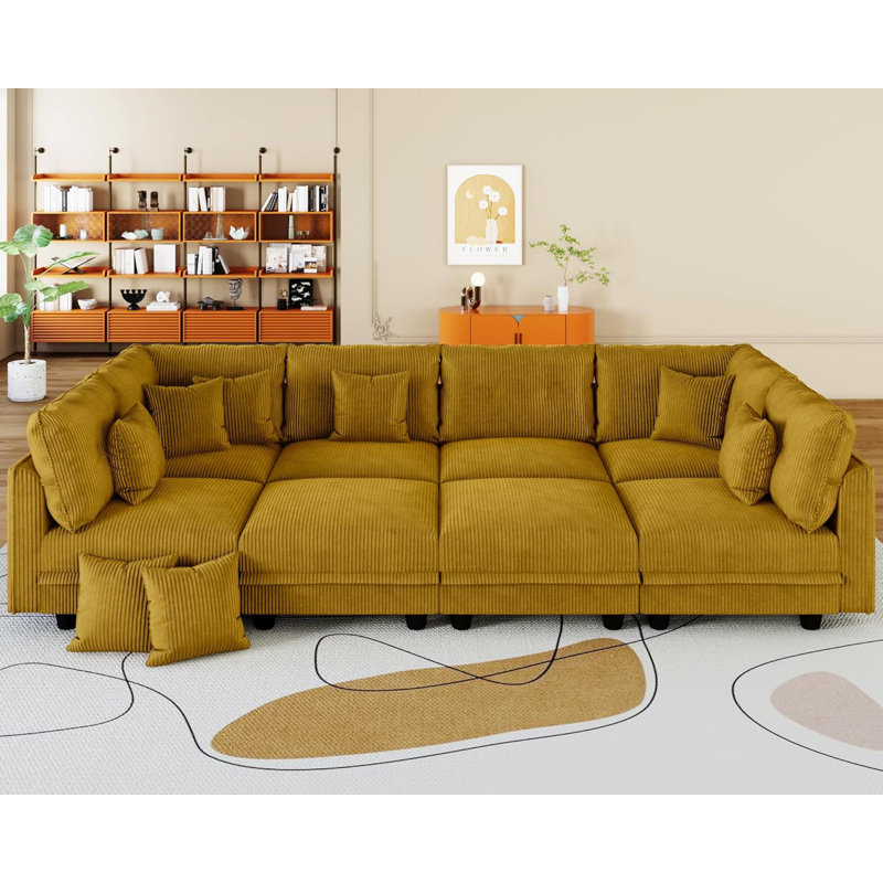 Degennaro 8 Seat Corduroy Convertible Modular Sectional Sleeper With Storage, Yellow Corduroy