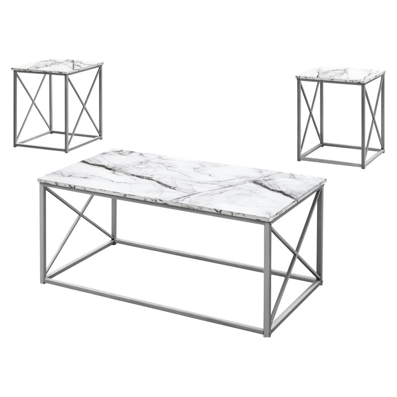 Ensemble de 3 tables basses contemporaines et 2 tables de bout contemporaines, plateau de table blanc, finition moderne en métal gris 3 pièces