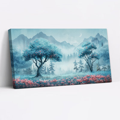 Art mural sur toile Misty Mountain Forest avec arbres bleus et fleurs roses