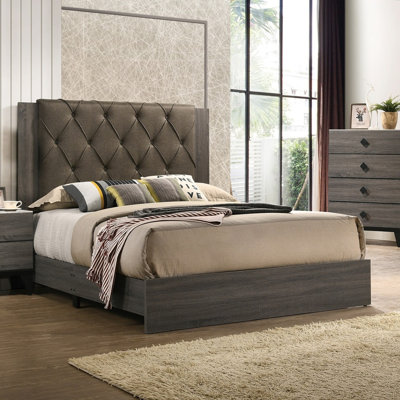 Contemporary Tufted Upholstered Eastern King Bed Frame, Solid Rubberwood Construction Gray Finish-gray + Rubber Wood + Classic + Contemporary + Modern + Transitional