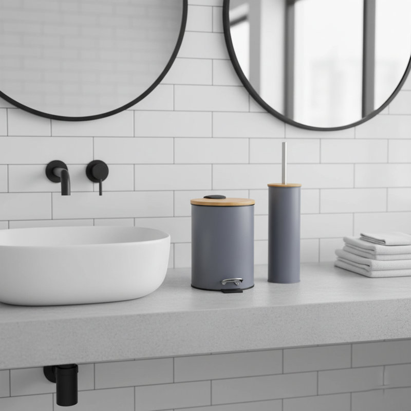 Ensemble de salle de bain avec couvercle en bambou - poubelle en métal mat et brosse de toilette, Gris
