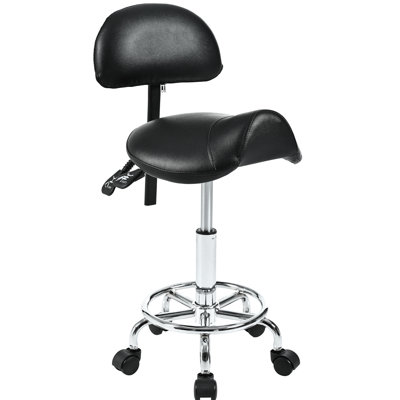 Tabouret de selle avec support pour le dos et repose-pieds, rotation sur 360 ° réglable, confortable pour les longues heures de travail dans un spa spa noir, structure en métal, poids de 6,32 lb, conception à 5 roues, ergonomique