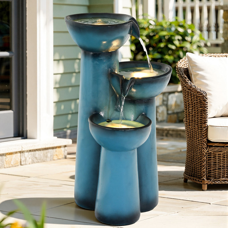 27" Modern Water Fountain with LED Lights, Blue Resin Column Cascading Waterfall Decor, 3-Tier Weather-Resistant Outdoor Feature