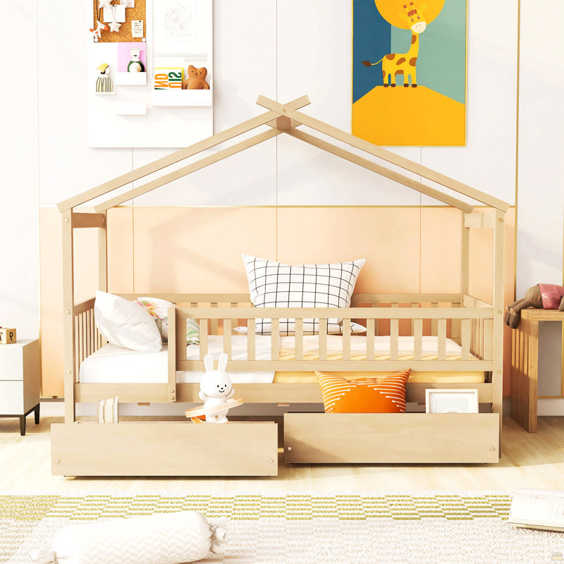 Lit simple en bois avec deux tiroirs, Naturel