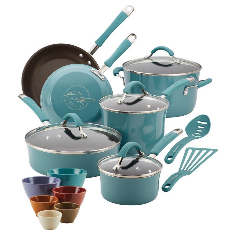 Rachael Ray Cucina Hard Enamel Nonstick Cookware and Measuring Cup Set, 18-Piece, Agave Blue