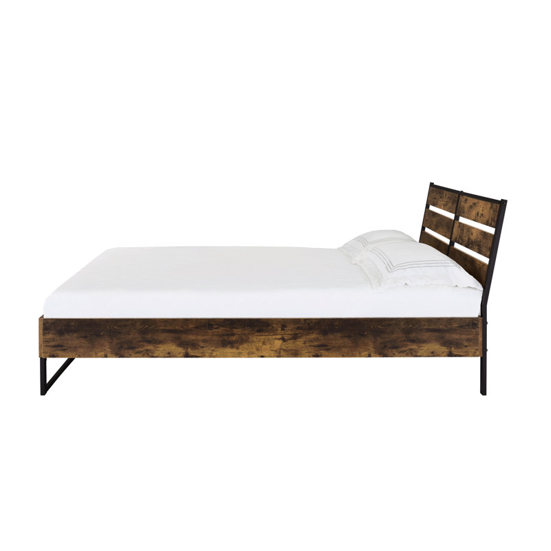 Modern Industrial Rustic Oak E. King Bed - Black Accents Panel Construction Metal & Veneer No Box Spring Requirement With Style Finish Robust Slats Synthetic Wood Build