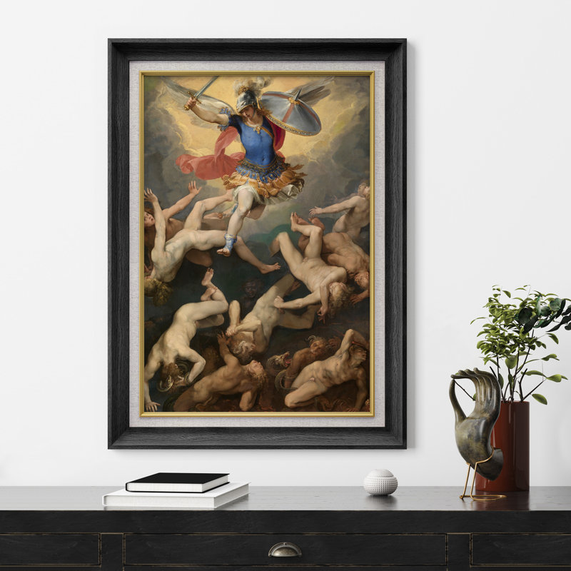 «Archangel Triumph Over Fallen chiffres», œuvre d'art classique, ange, H 36 po x l 26 po x P 1,5 po, Black Premium Frame