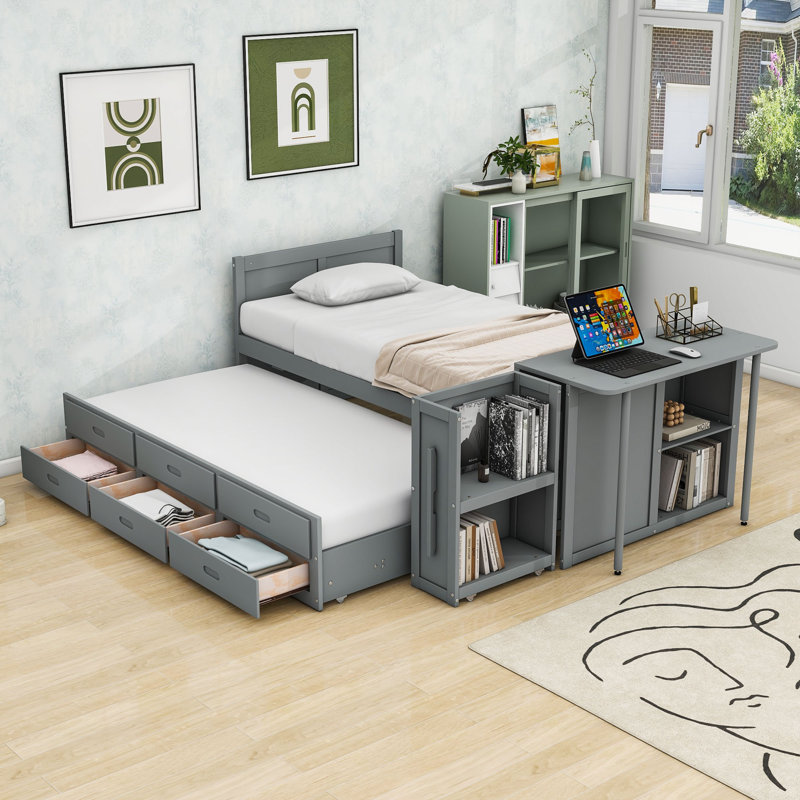 Lit plateforme simple en bois à trois tiroirs Merlin avec bureau, lit gigogne intégré et tablette de rangement, gris