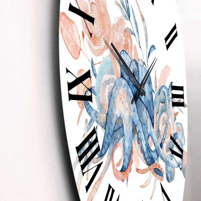 Pieuvre bleue avec fleurs roses - horloge murale nautique et côtière, Moyen