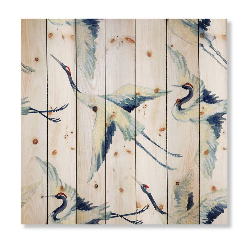 Grue asiatique - reproduction traditionnelle sur bois de pin naturel, H 35 po x l 35 po x P 0,78 po