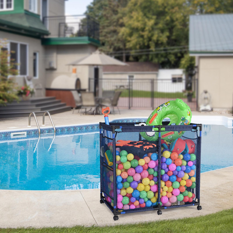 Kierah Metal Frame Mesh Pool Float Storage Bin 6 Wheels Rolling Storage Cart 36"x24"x35", Blue