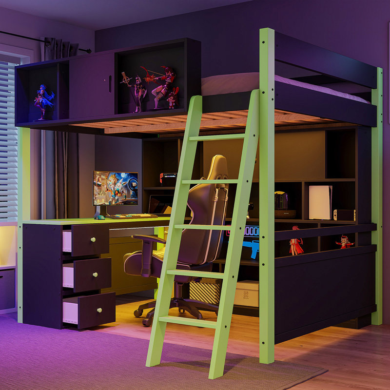 Lit mezzanine double en bois avec bureau, grand espace de rangement et lumière, vert, Vert