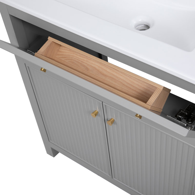 Meuble-lavabo gris 60 po avec lavabo en céramique, bois massif et construction, compartiments de rangement polyvalents 60 po