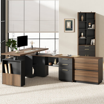3 piece Office Furniture Set, 63"W L-Shaped Electric Height Adjustable Executive Desk,2 Draws Filing Cabinet, 73"H Bookshelf