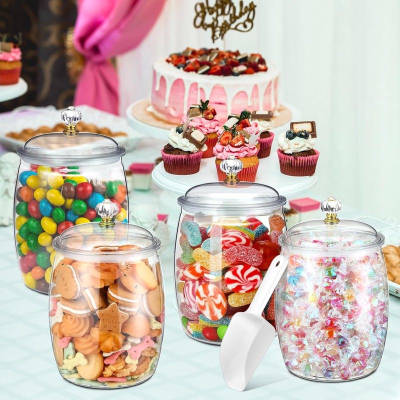 4 pots en plastique de bonbons et de biscuits avec couvercles de pots de bonbons transparents et grands pots de rangement apothicaire pour la maison de mariage (64 oz)