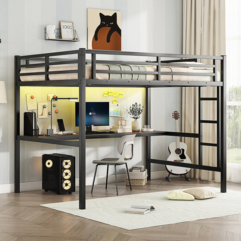 Metal  Loft Bed  with Power Outlet and LED Lighted, Space-Saving, Noise Reduced, Black, Full / Double