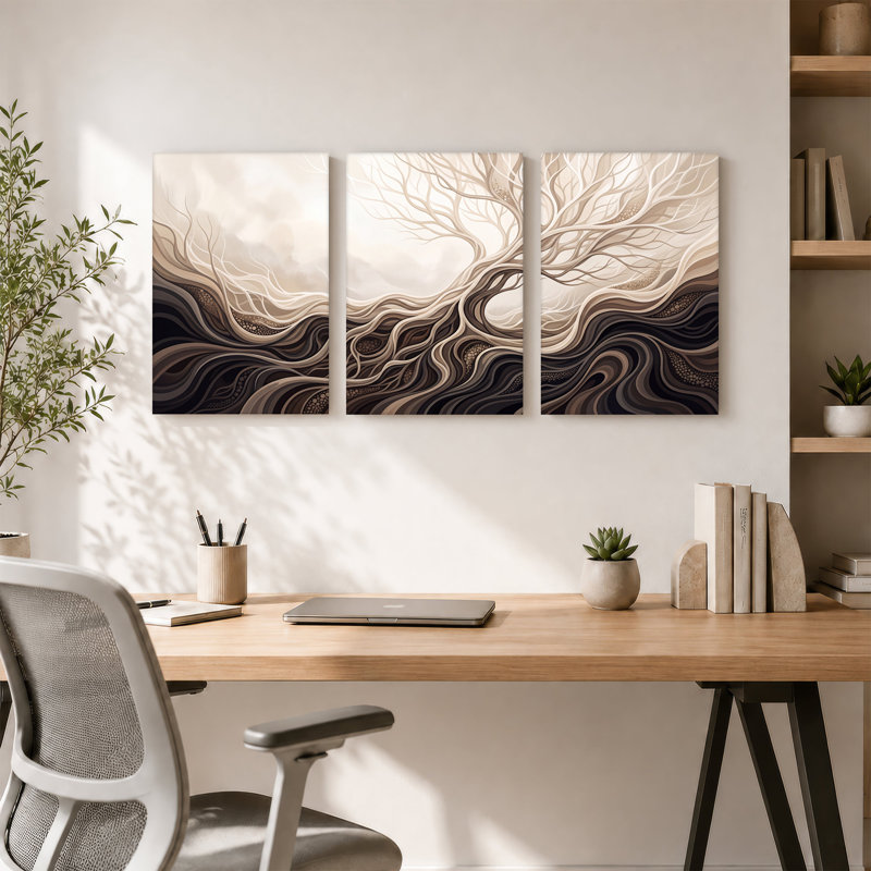 Toile de fond sépia et brun foncé tourbillonnant sur un arbre et ensemble de 3 toiles, 18"H x 12"W x 3pcs